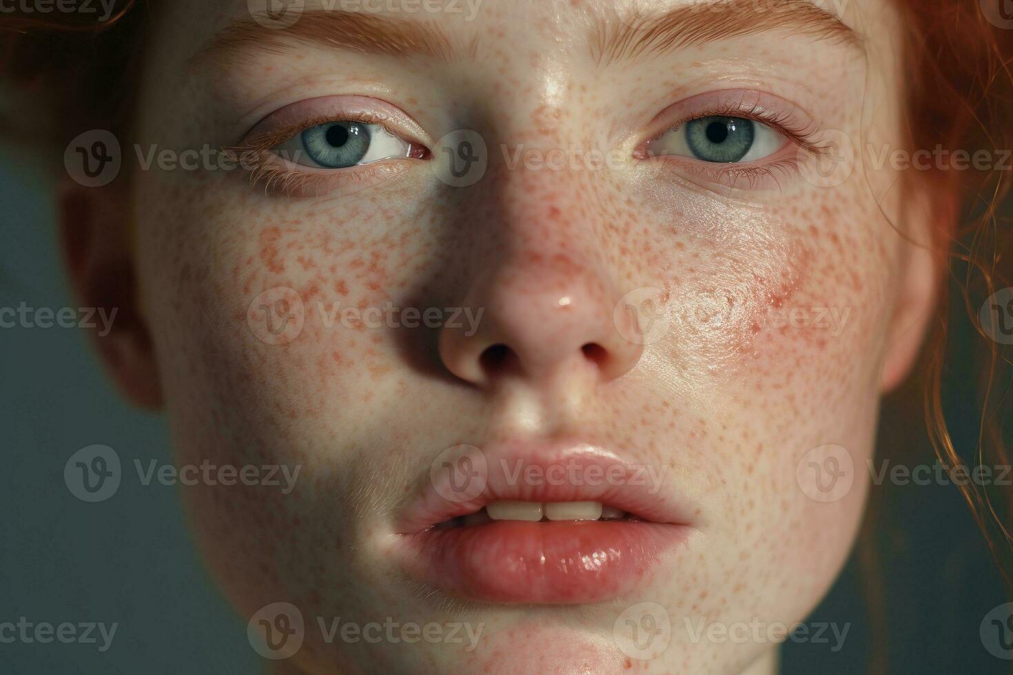 a close up of a woman with freckles AI generated photo
