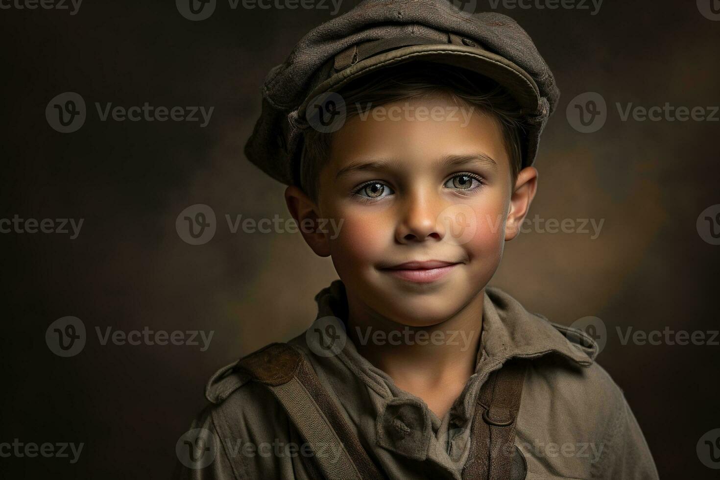 retrato de un linda pequeño chico en militar uniforme en oscuro antecedentes ai generado foto