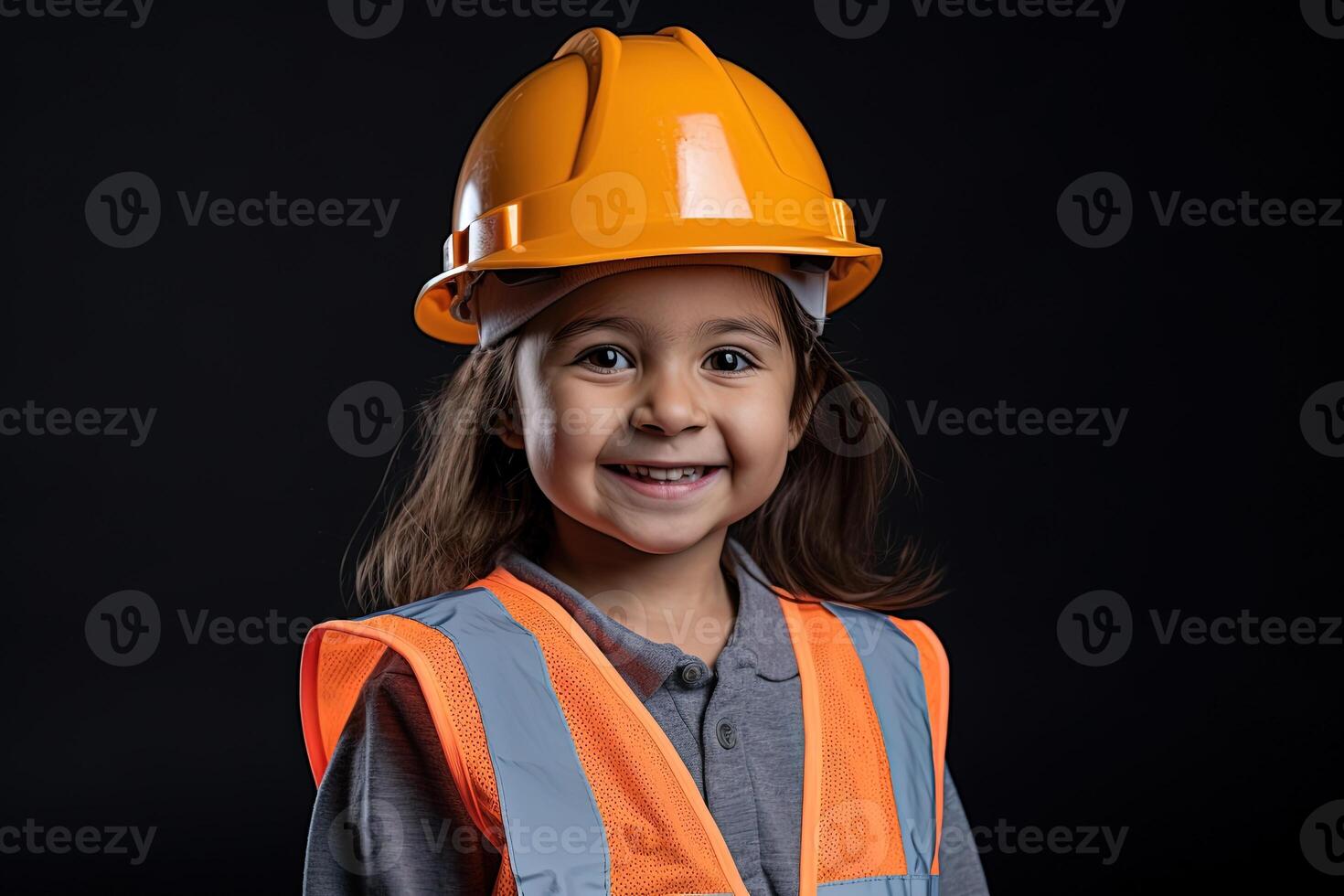 Portrait of a smiling little girl in a construction helmet photo