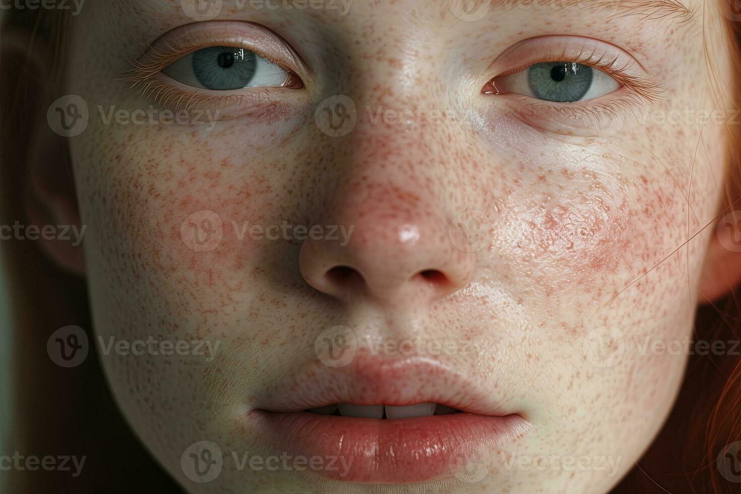 a close up of a woman with freckles AI generated photo