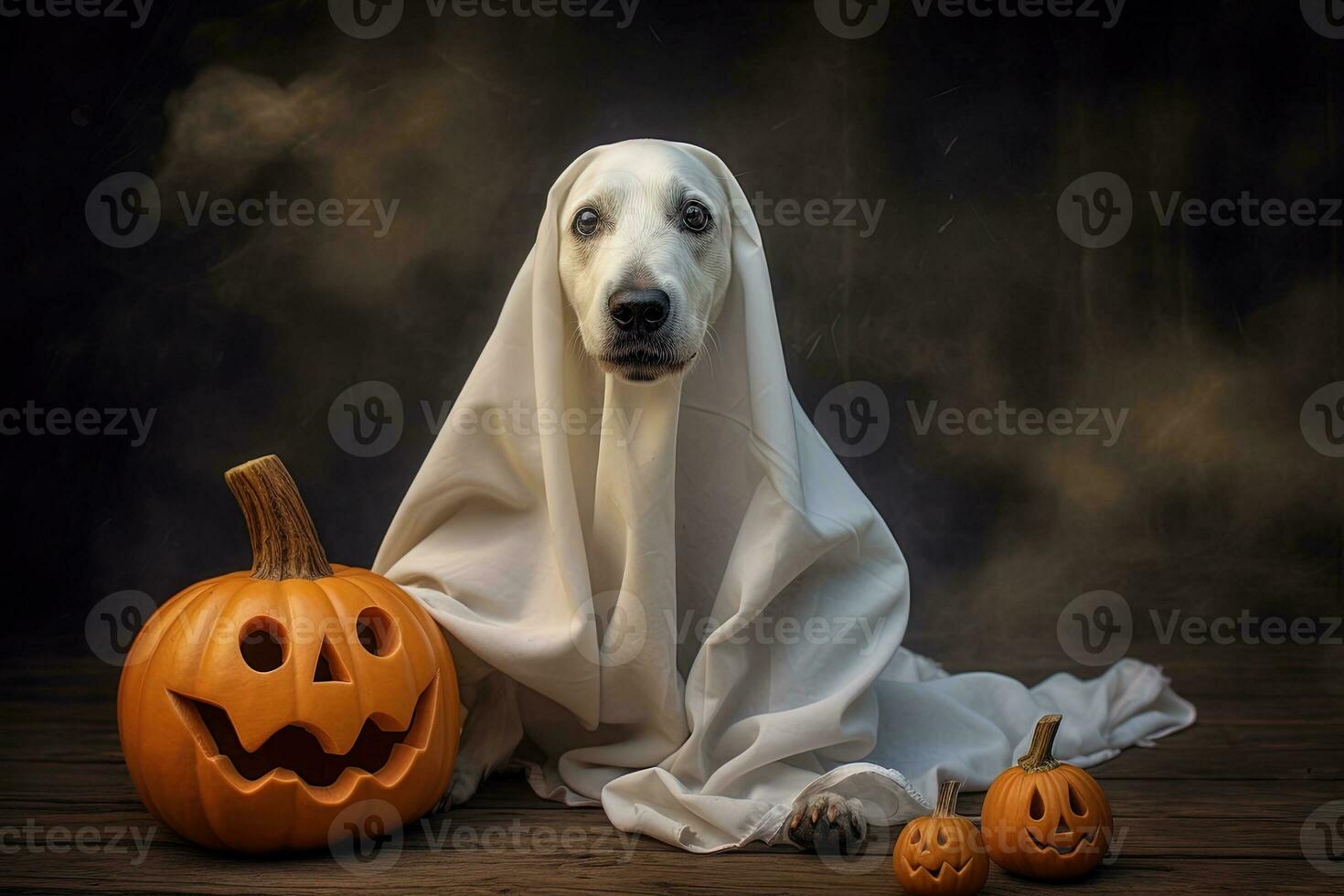 Halloween theme. dog in ghost costume with pumpkins on dark background AI Generated photo