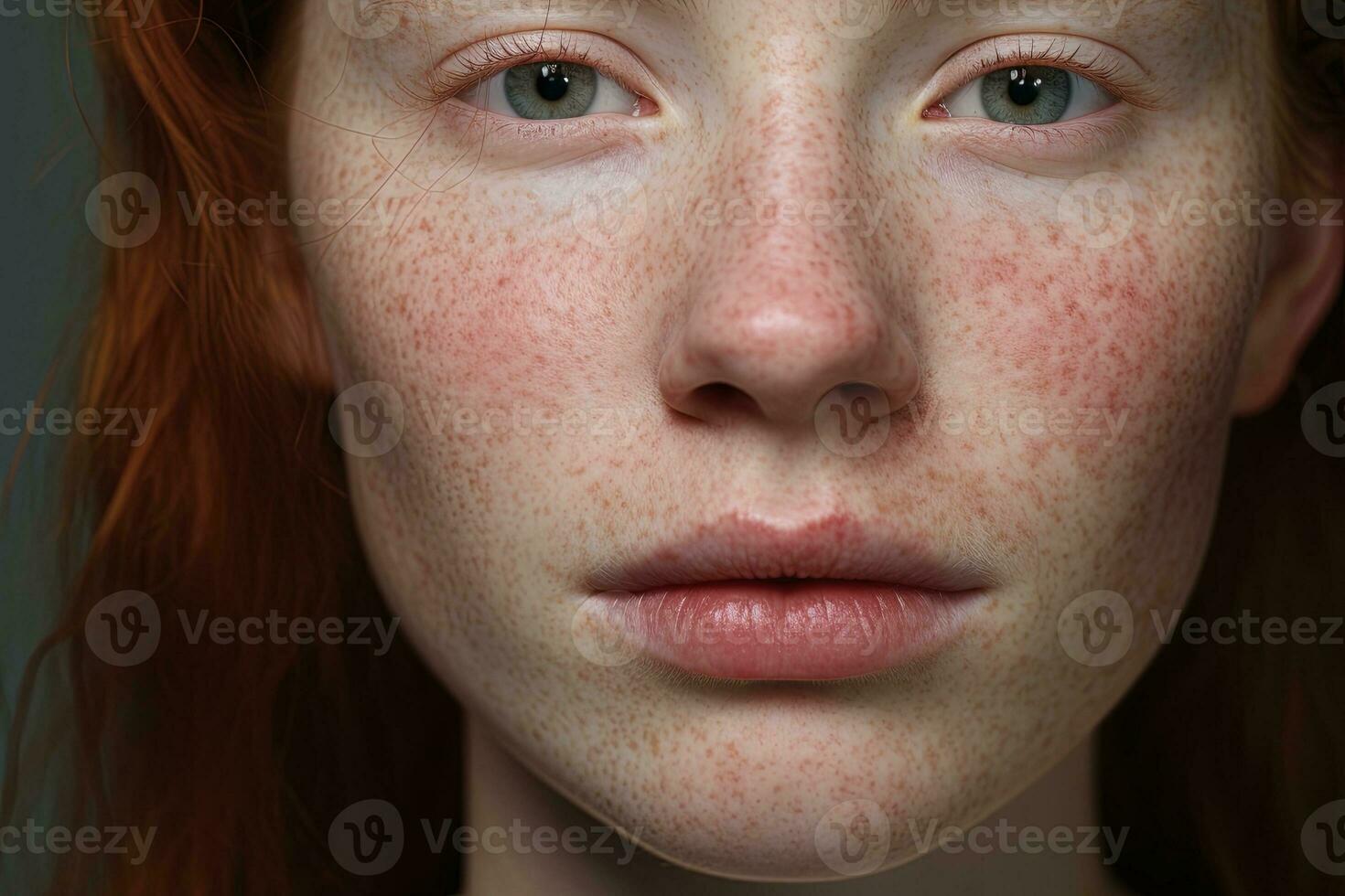 un cerca arriba de un mujer con pecas ai generado foto