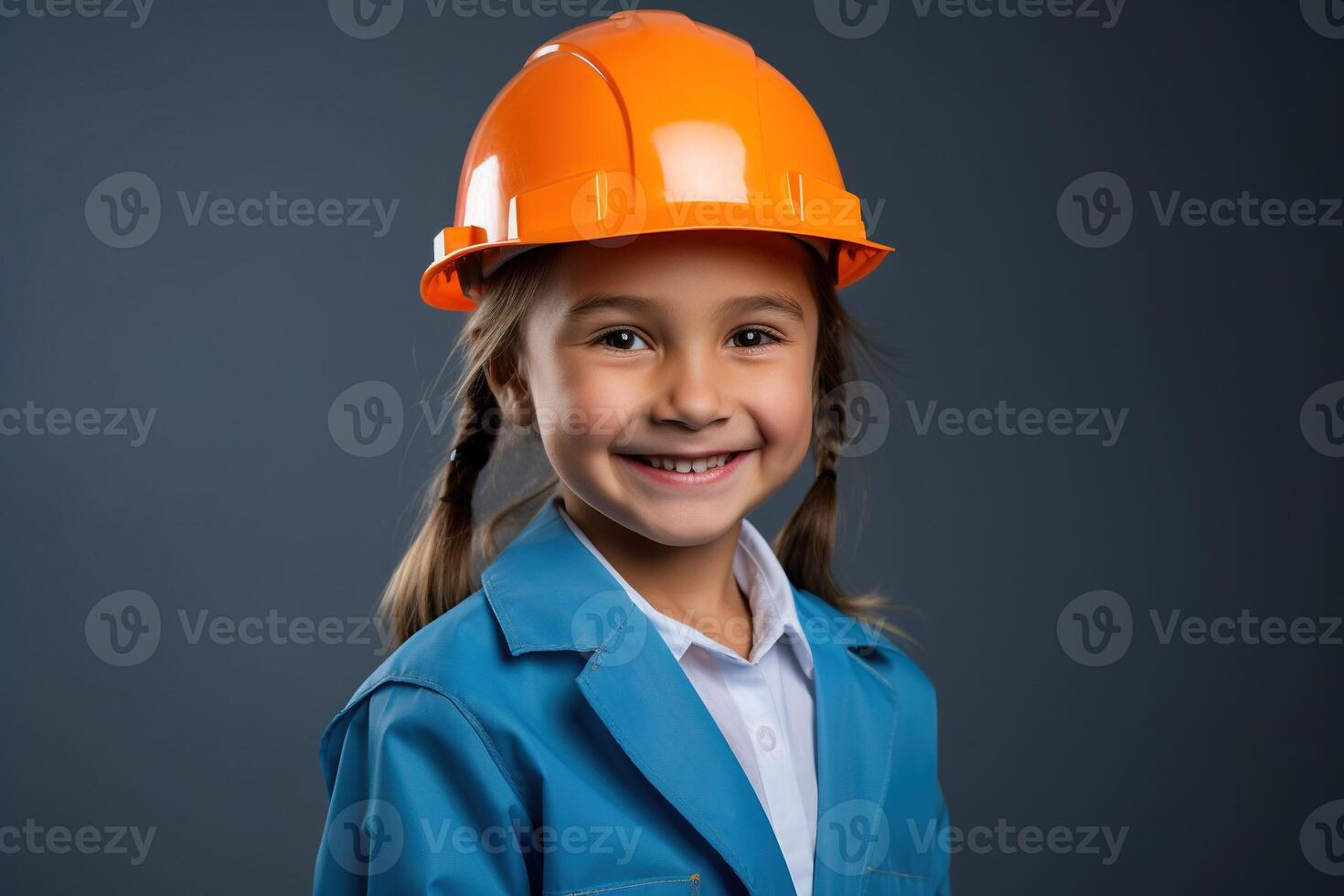 retrato de un sonriente pequeño niña en un construcción casco ai generado foto