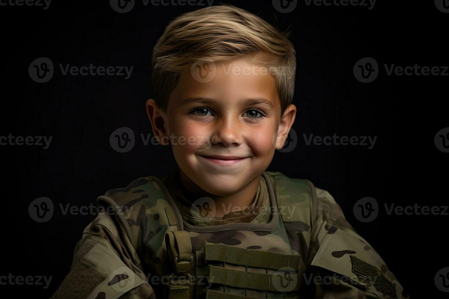 Portrait of a cute little boy in military uniform on dark background AI Generated photo