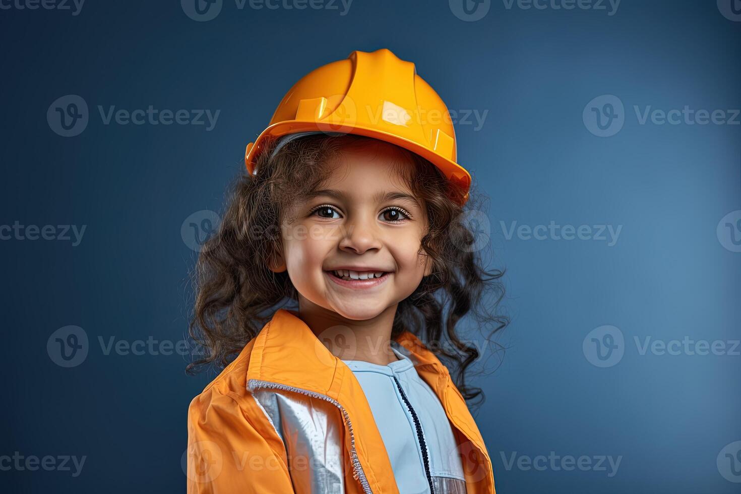 Portrait of a smiling little girl in a construction helmet photo