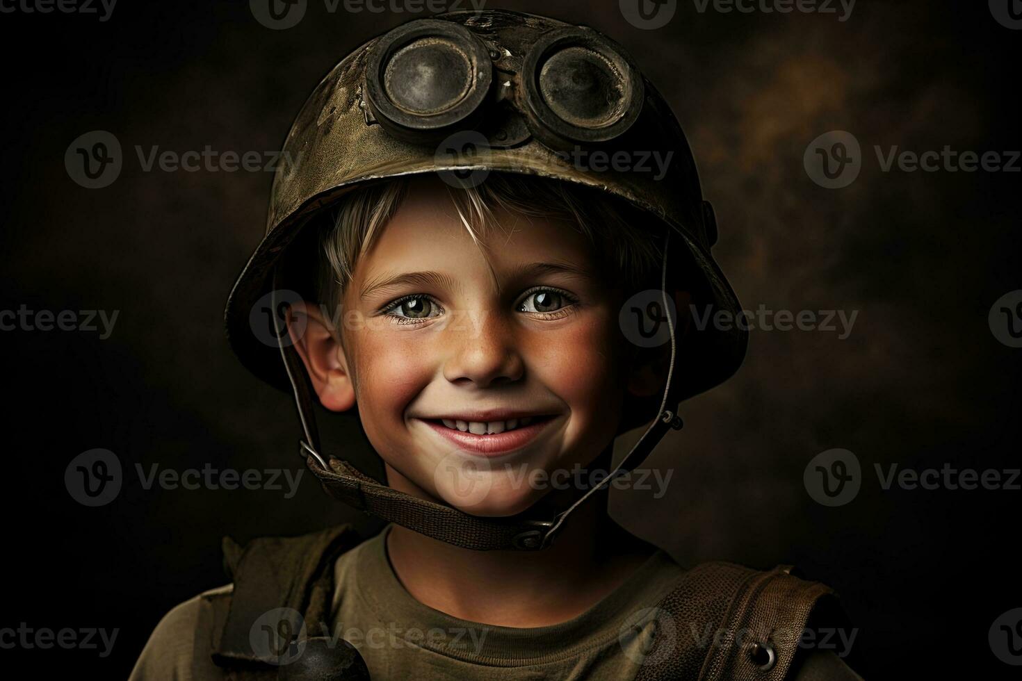 retrato de un linda pequeño chico en militar uniforme en oscuro antecedentes ai generado foto