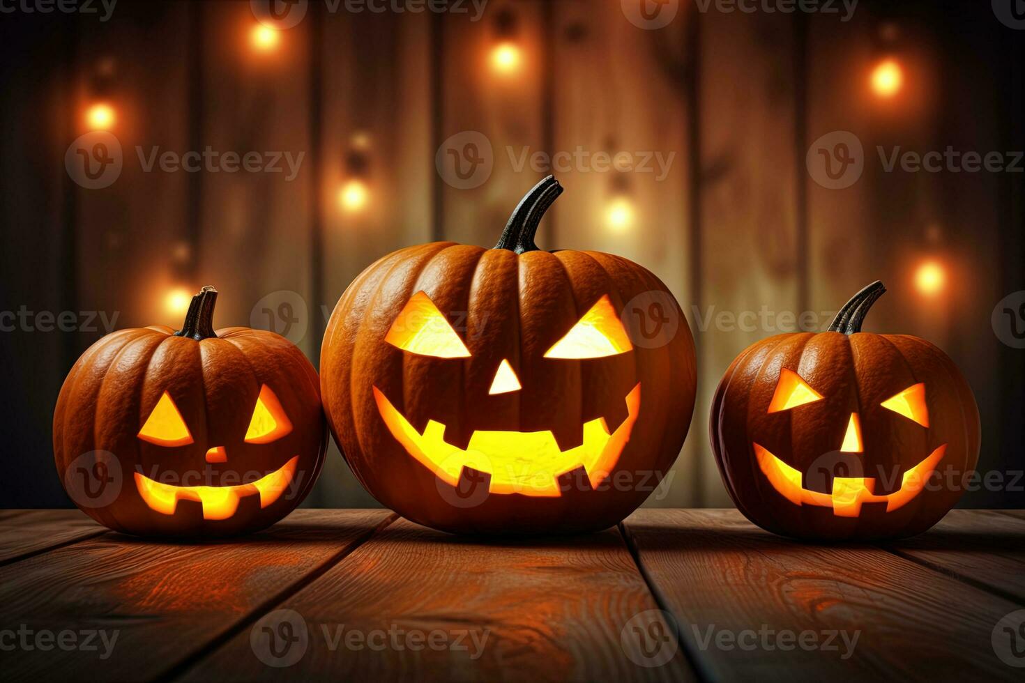 Halloween pumpkins on wooden table with bokeh lights background AI Generated photo