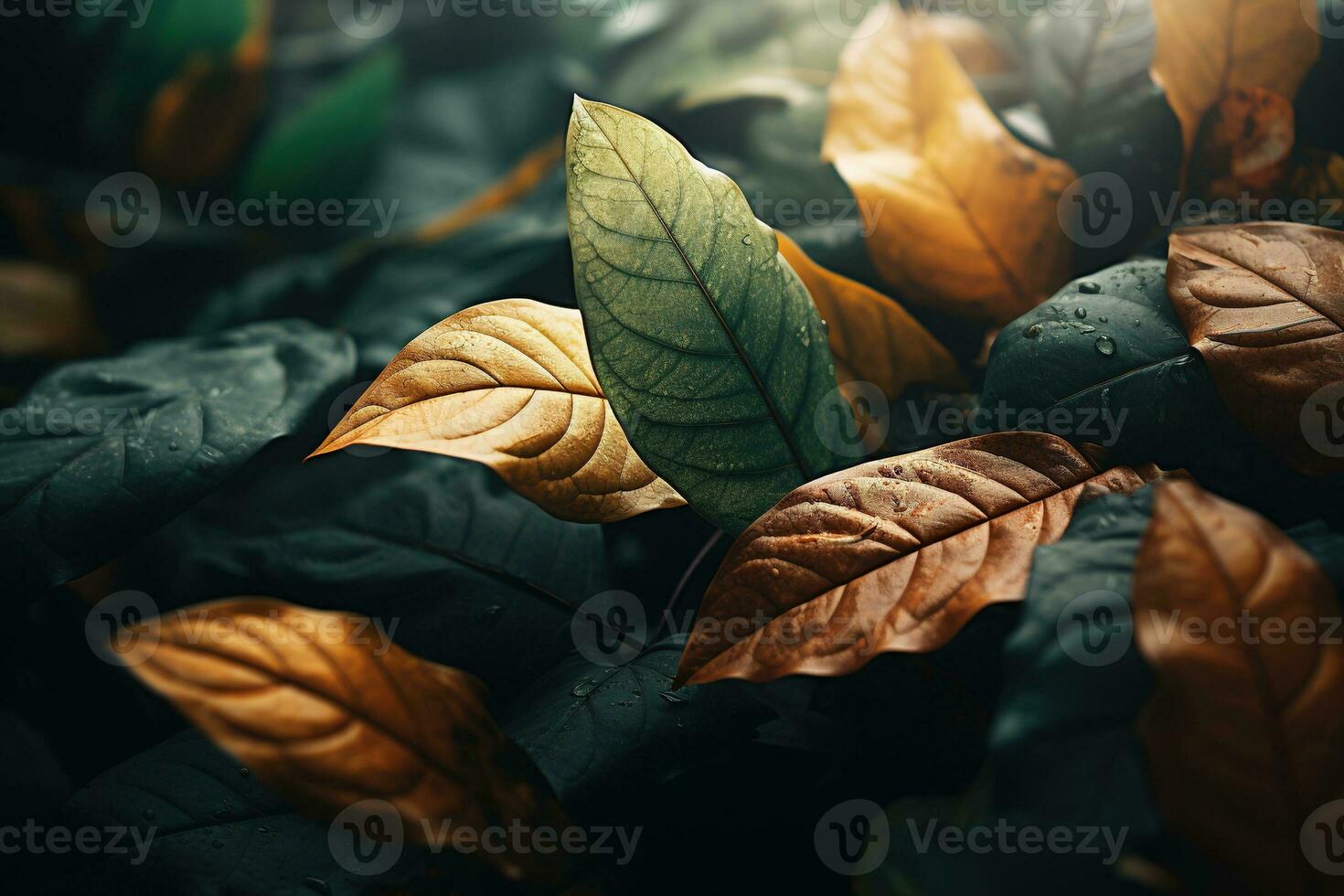 Close up of beautiful autumn leaves with water drops. Natural background AI generated photo