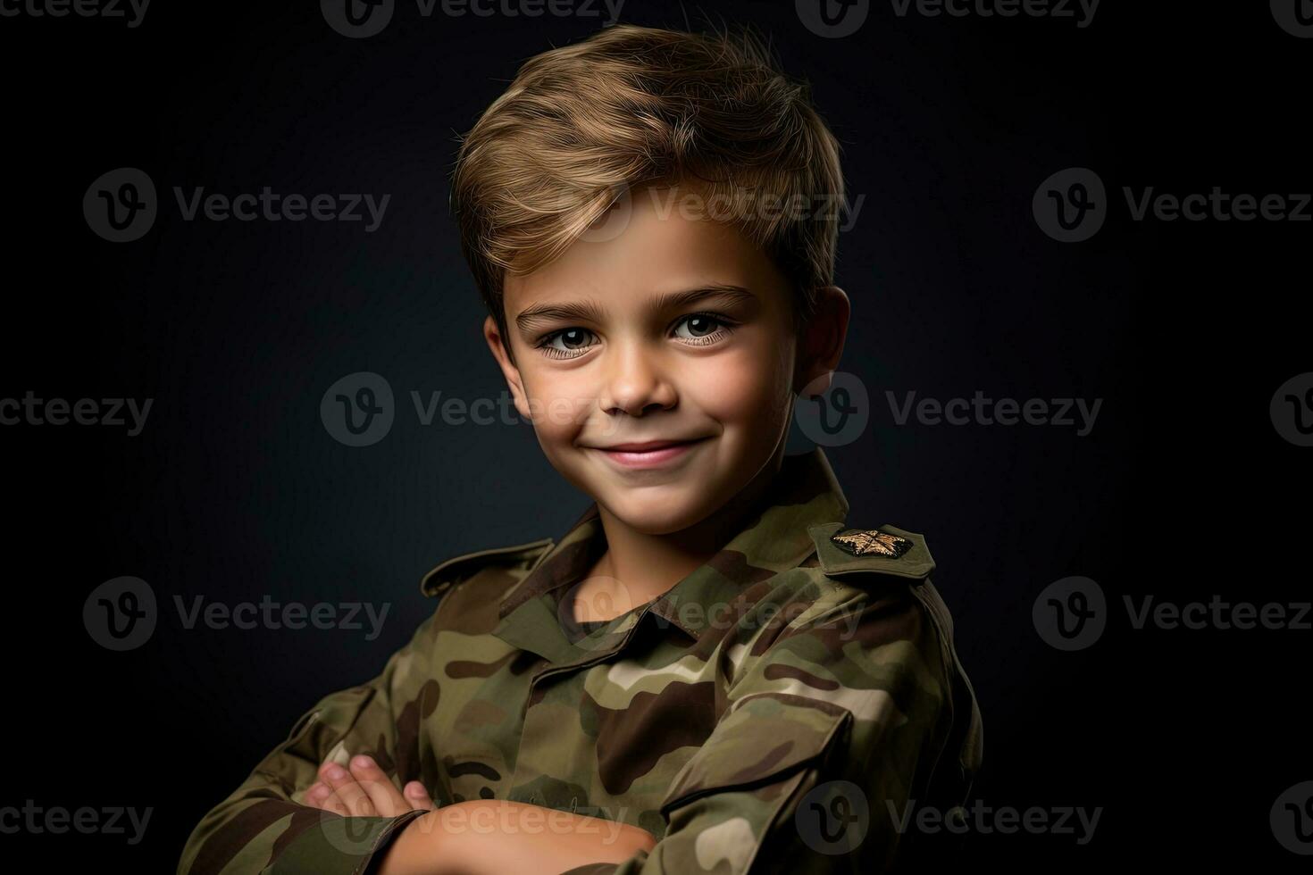 Portrait of a cute little boy in military uniform on dark background AI Generated photo