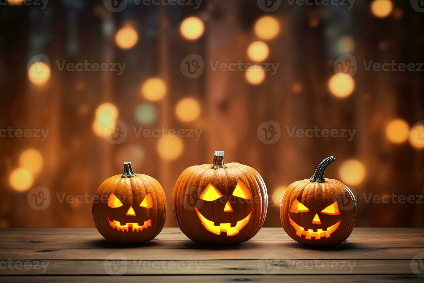 Halloween pumpkins on wooden table with bokeh lights background AI Generated photo