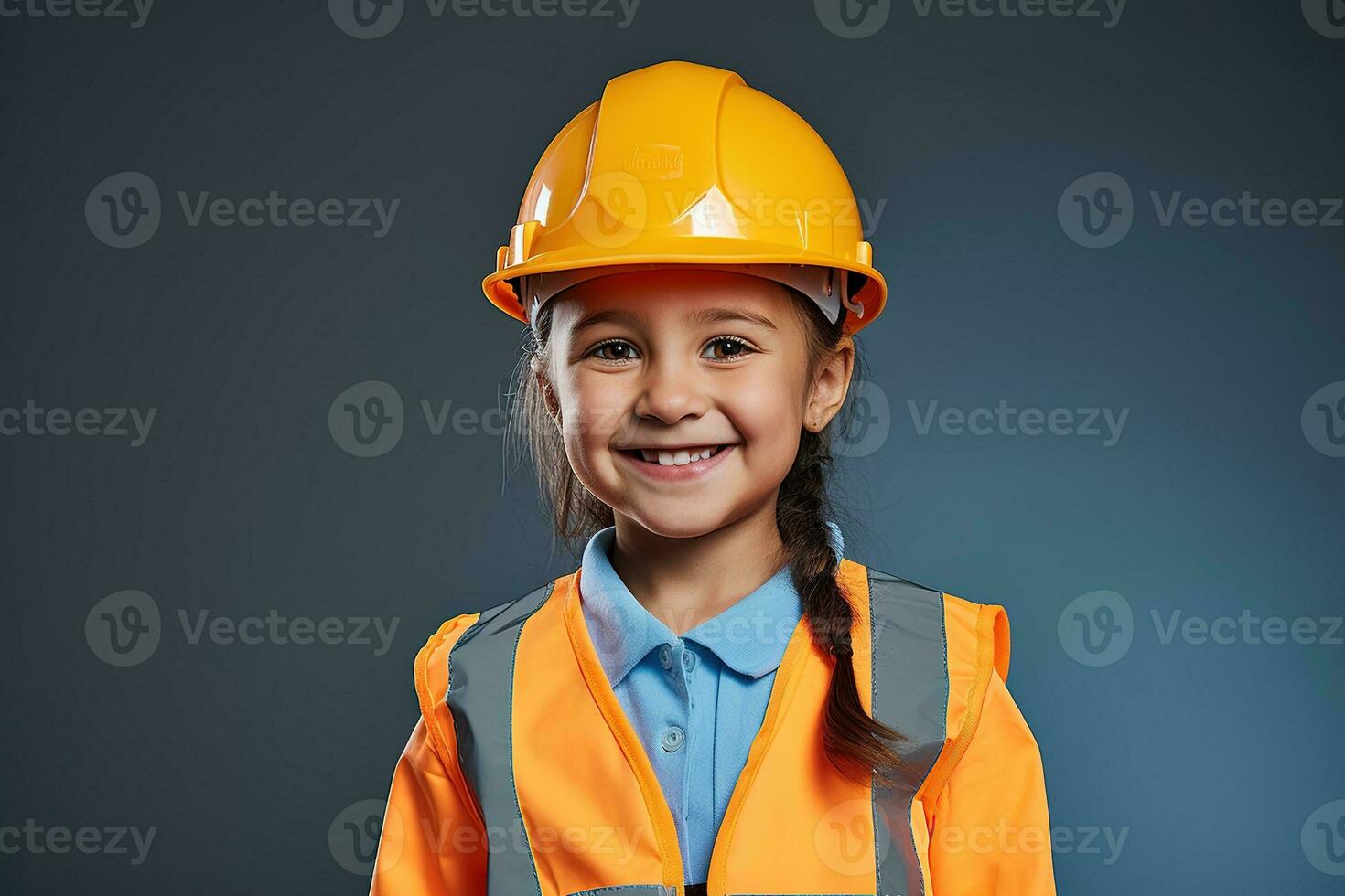 retrato de un sonriente pequeño niña en un construcción casco ai generado foto