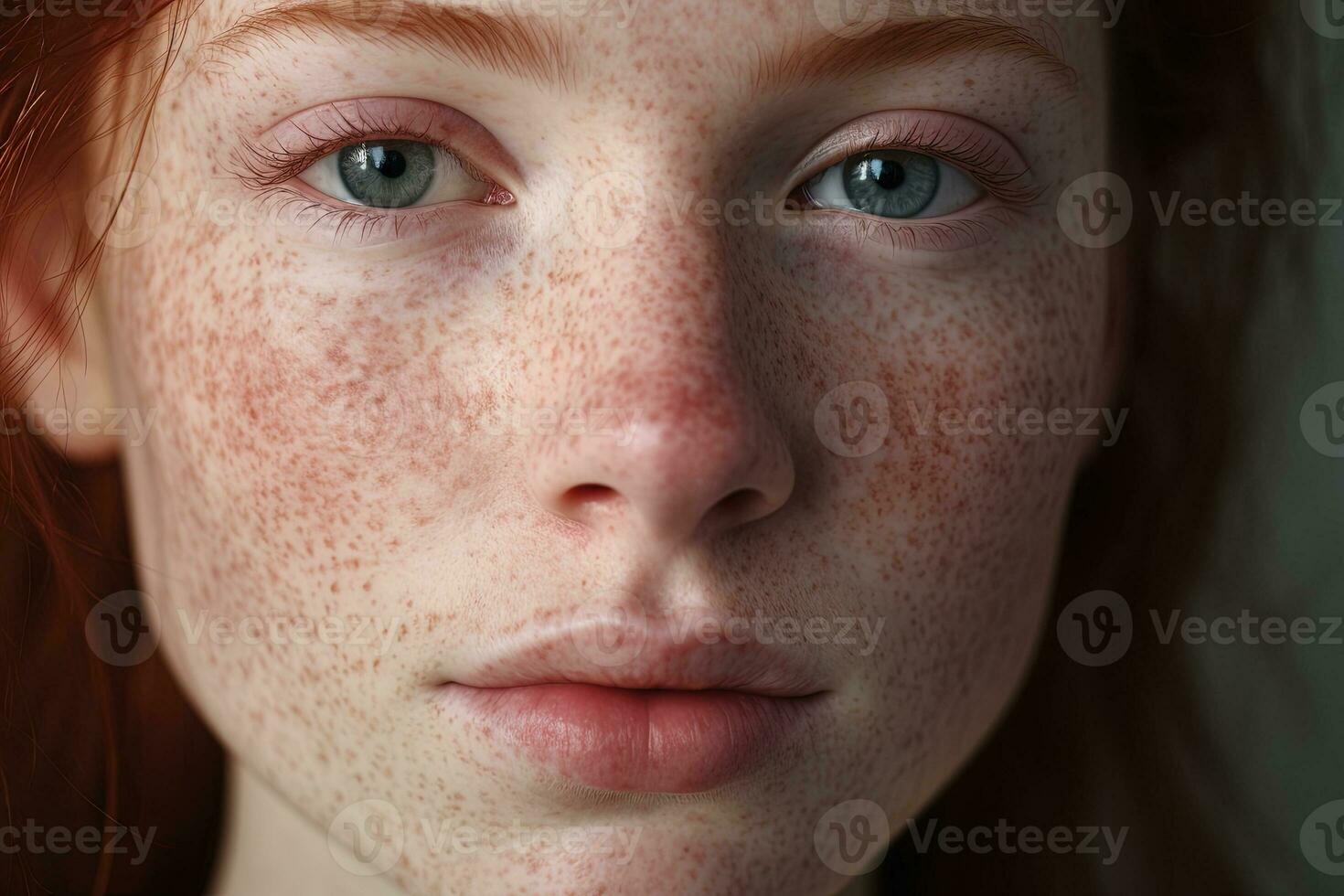 un cerca arriba de un mujer con pecas ai generado foto