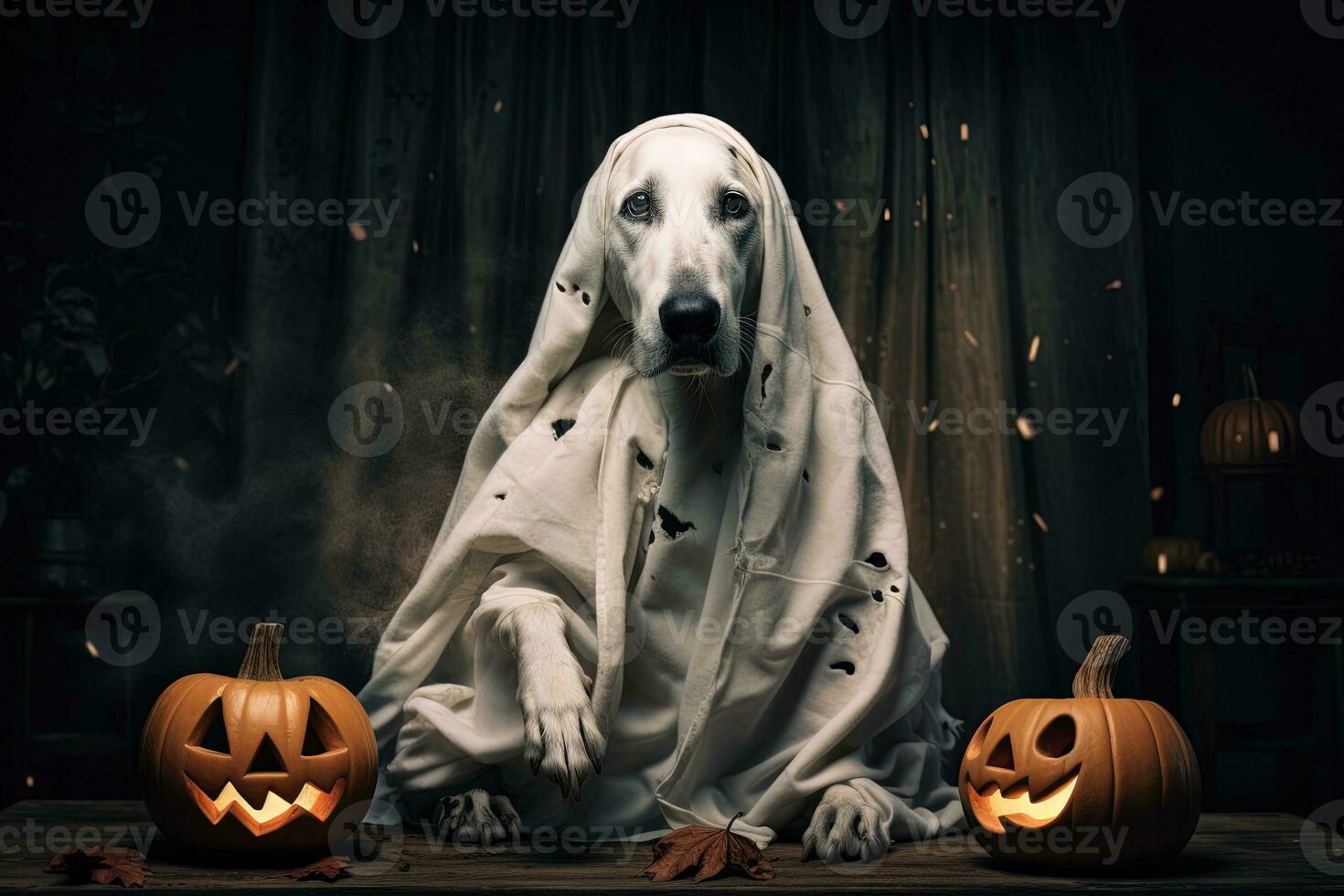 Halloween theme. dog in ghost costume with pumpkins on dark background AI Generated photo