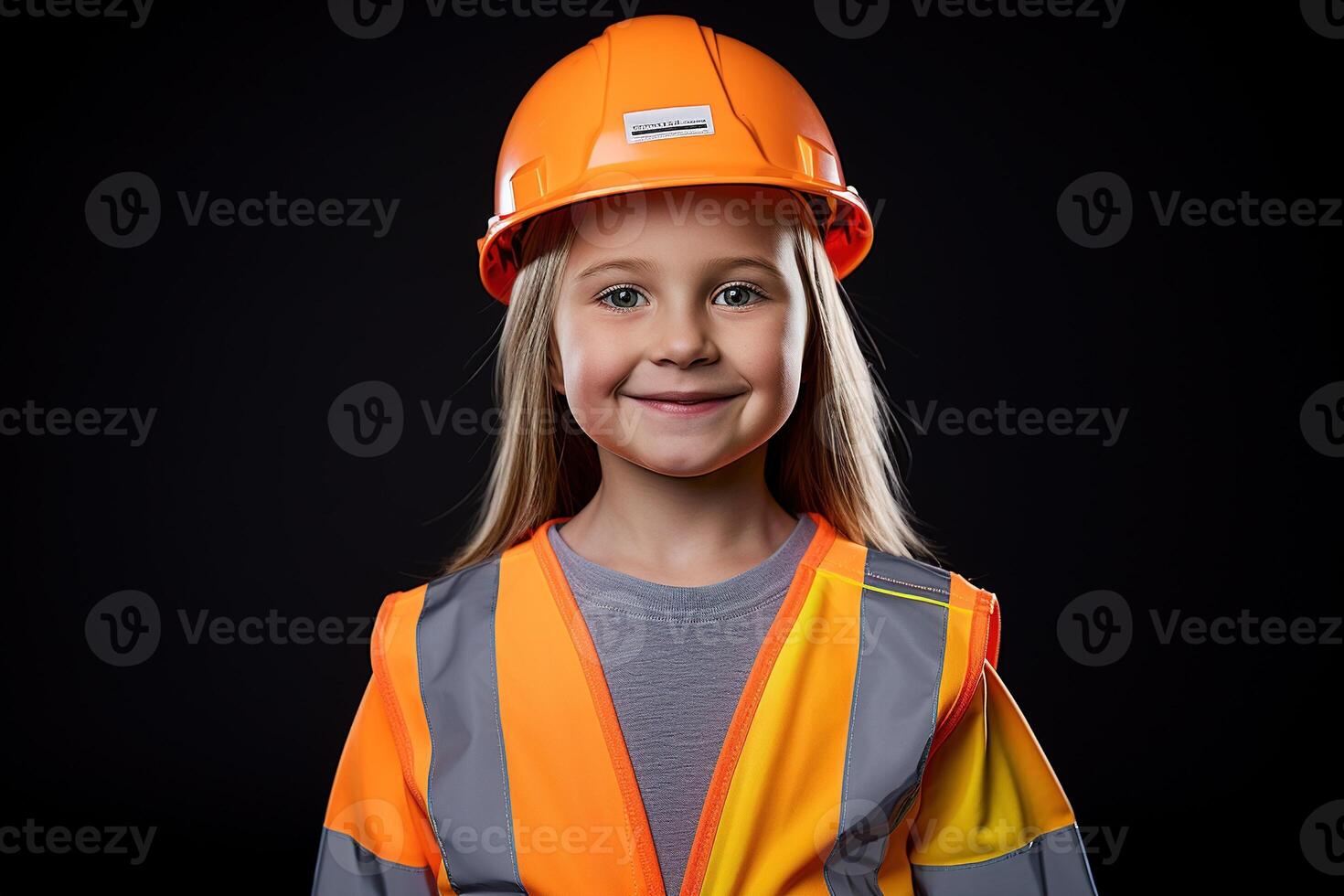 Portrait of a smiling little girl in a construction helmet photo