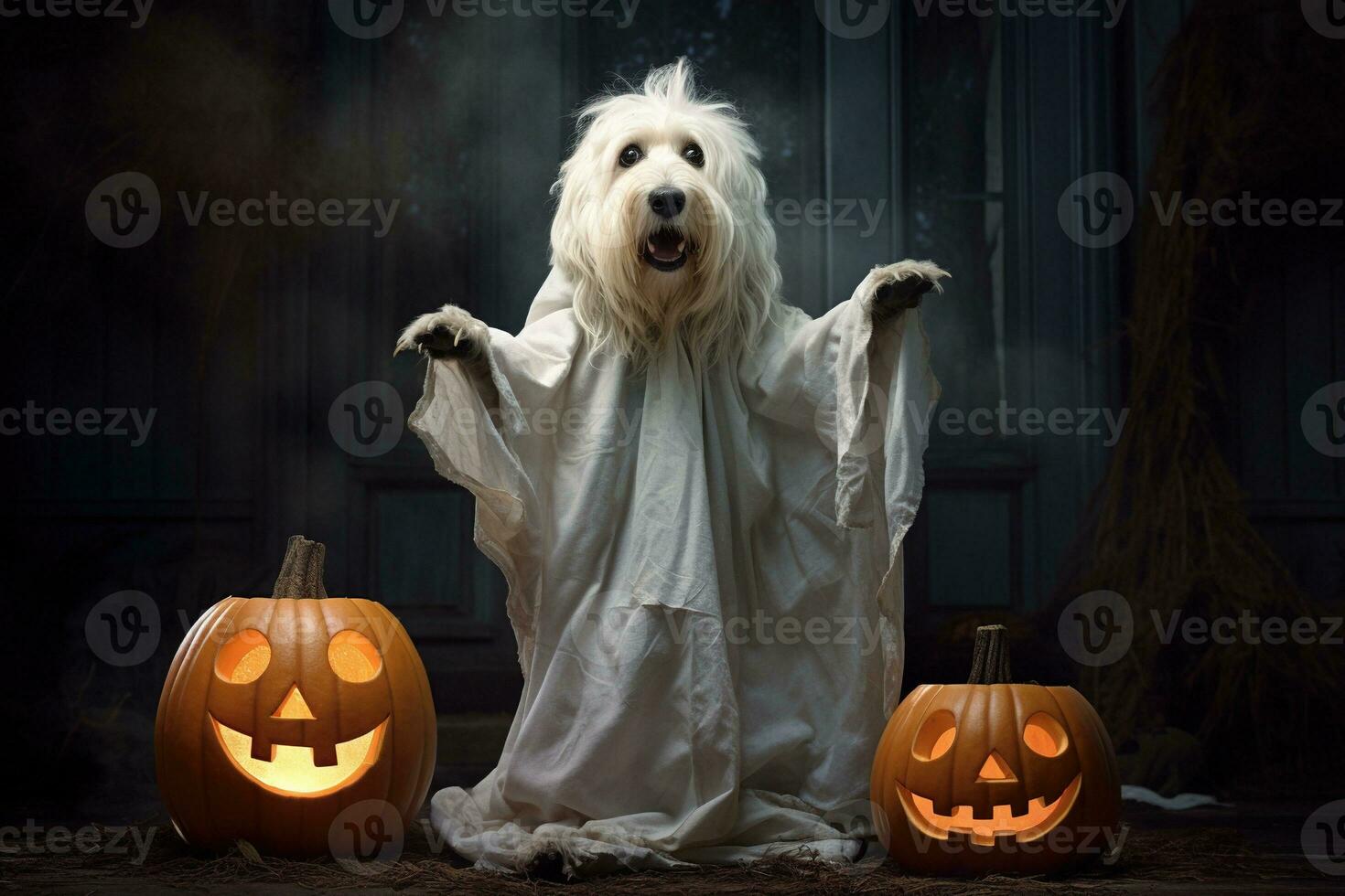 Halloween theme. dog in ghost costume with pumpkins on dark background AI Generated photo