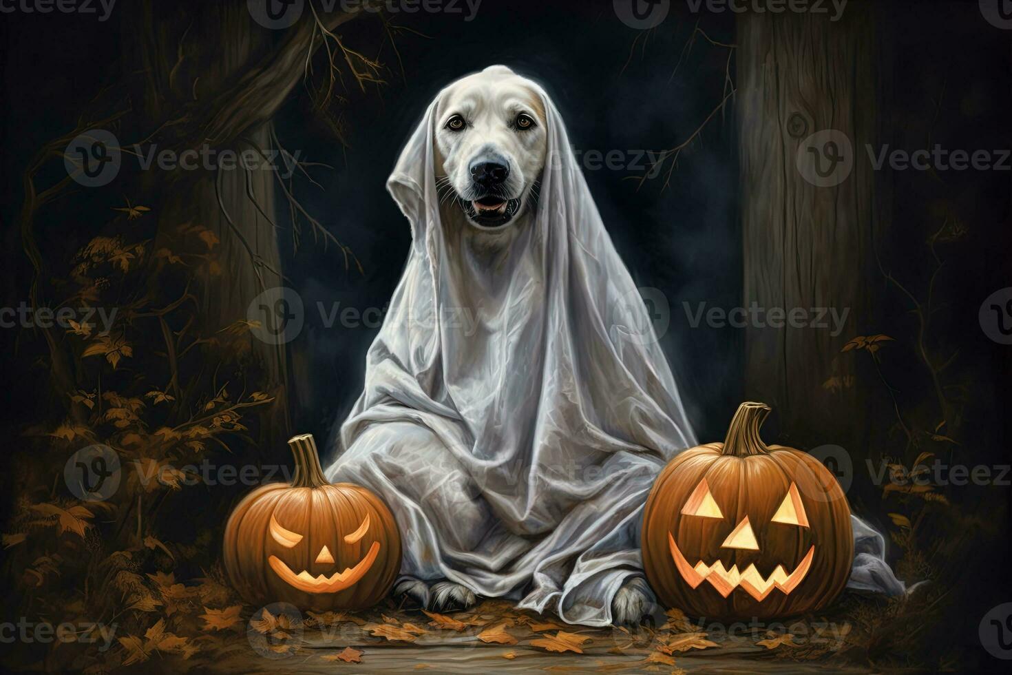 Halloween theme. dog in ghost costume with pumpkins on dark background AI Generated photo