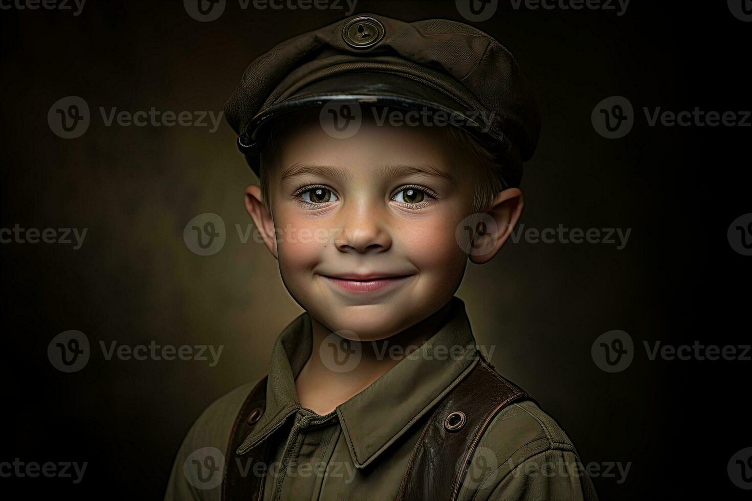 retrato de un linda pequeño chico en militar uniforme en oscuro antecedentes ai generado foto