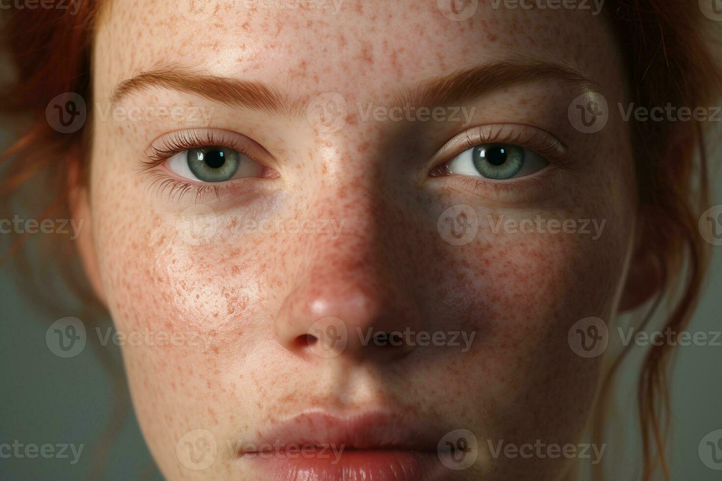 a close up of a woman with freckles AI generated photo