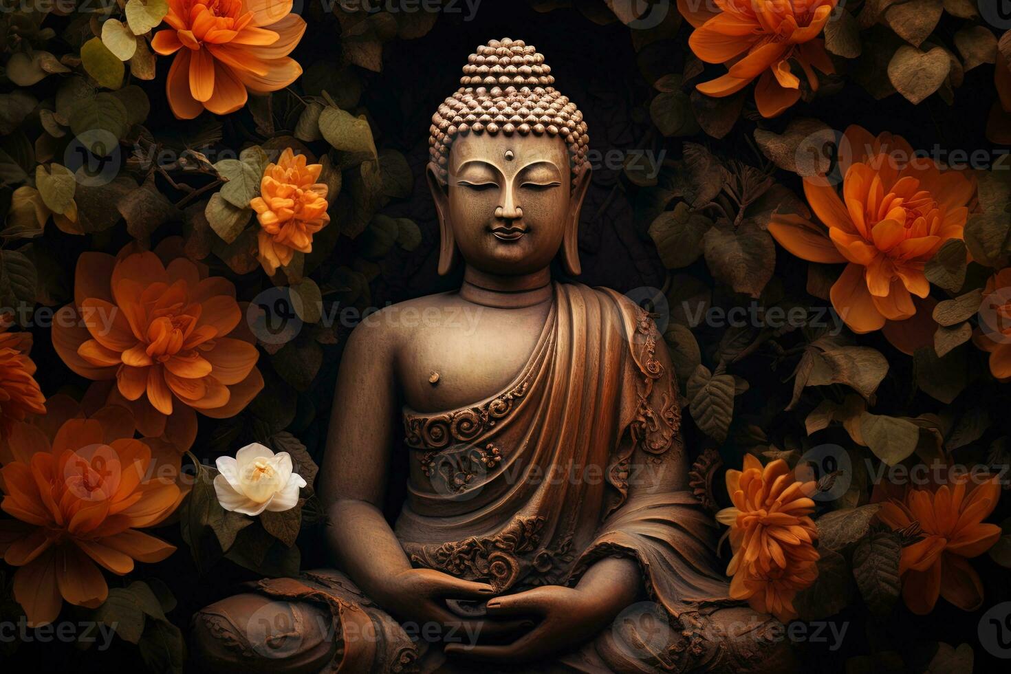 Buddha statue surrounded by orange flowers on a black background AI Generated photo