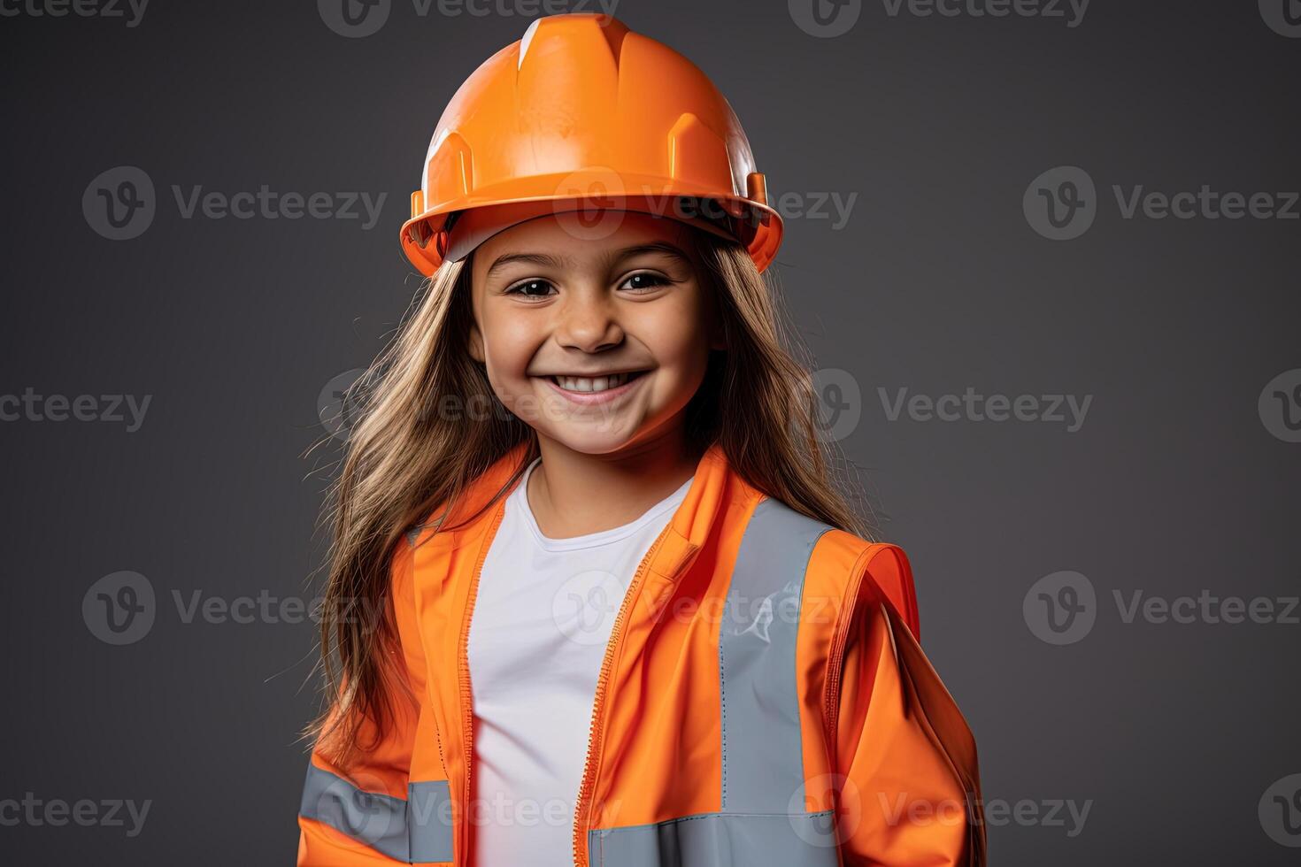 Portrait of a smiling little girl in a construction helmet photo