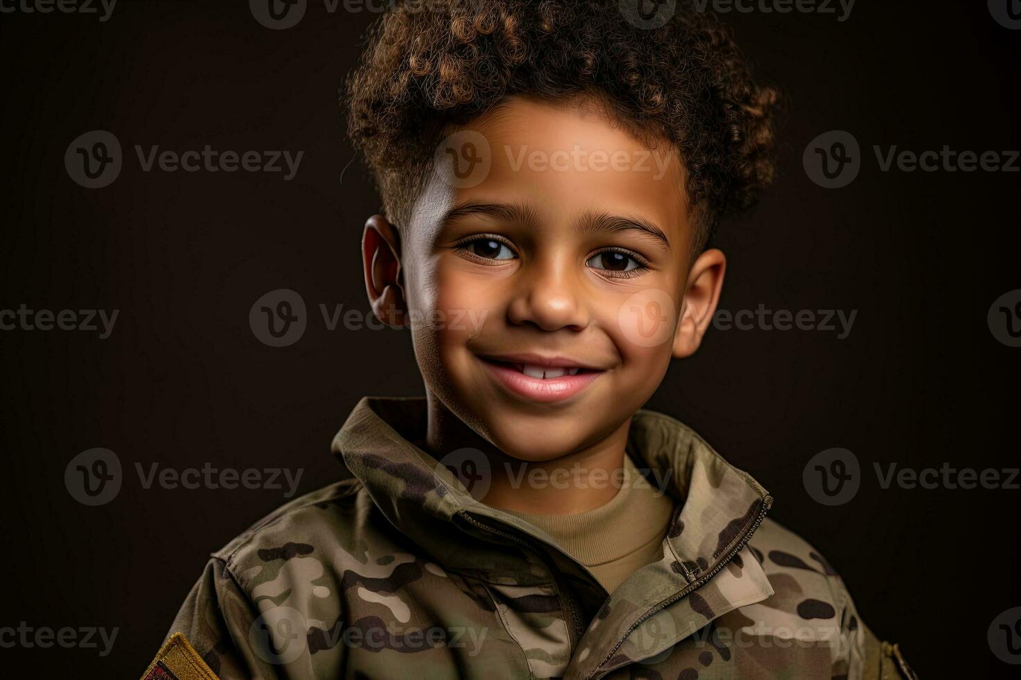 retrato de un linda pequeño chico en militar uniforme en oscuro antecedentes ai generado foto