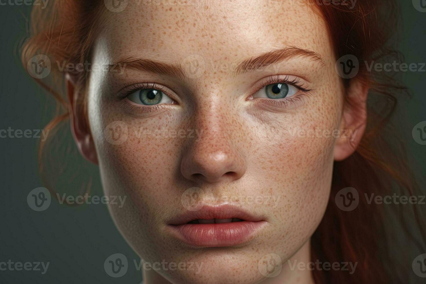 a close up of a woman with freckles AI generated photo