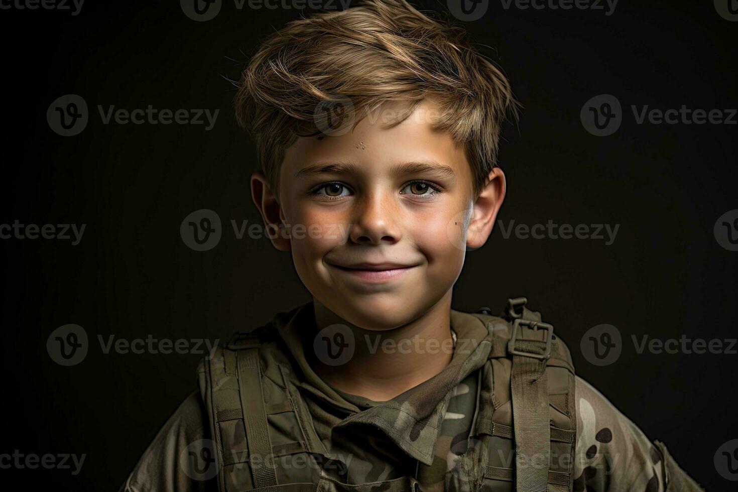Portrait of a cute little boy in military uniform on dark background AI Generated photo