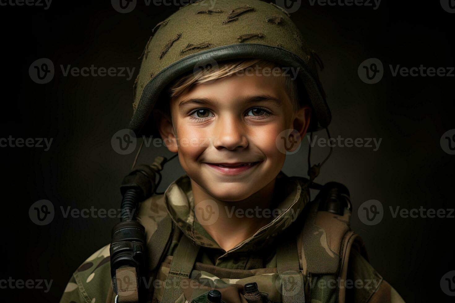 Portrait of a cute little boy in military uniform on dark background AI Generated photo