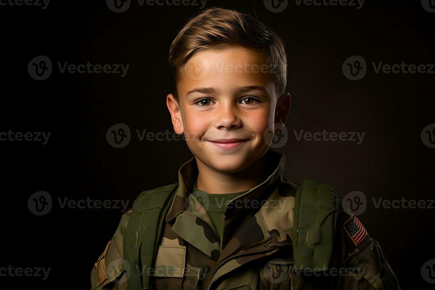 Portrait of a cute little boy in military uniform on dark background AI Generated photo