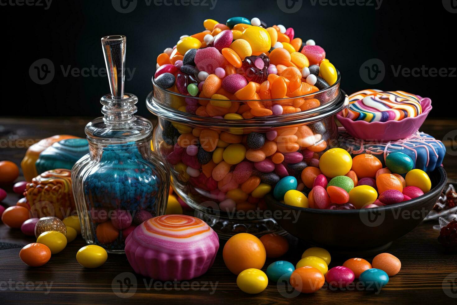 Ai Generated. Halloween candies and sweets on dark background photo