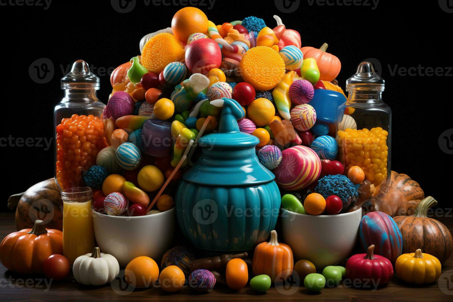 Ai Generated. Halloween candies and sweets on dark background photo