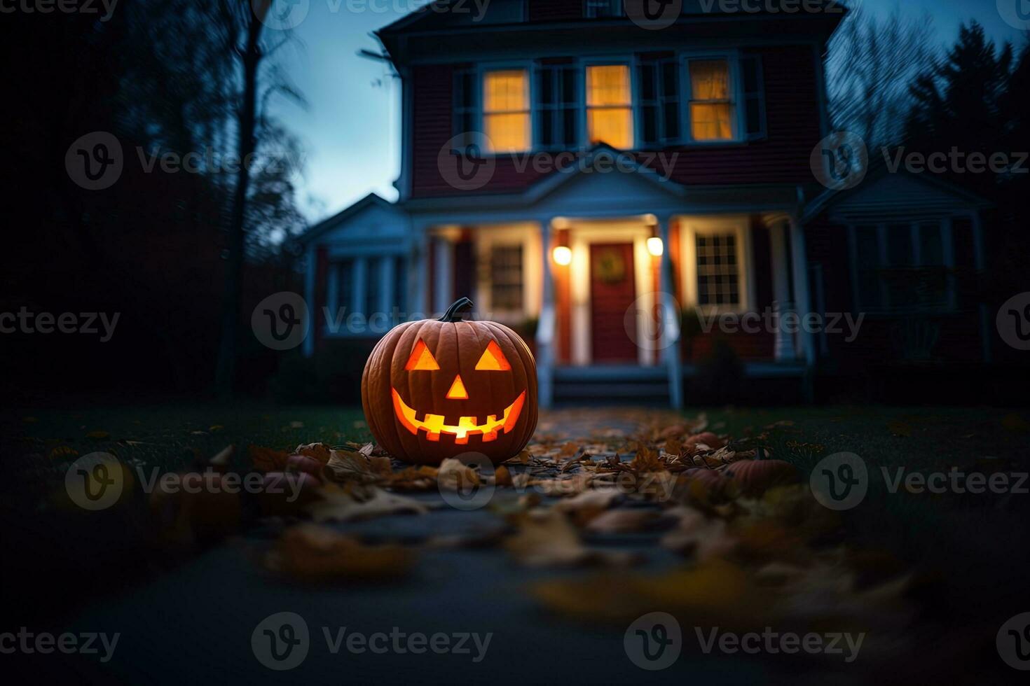 halloween pumpkins in front of a house AI generated photo