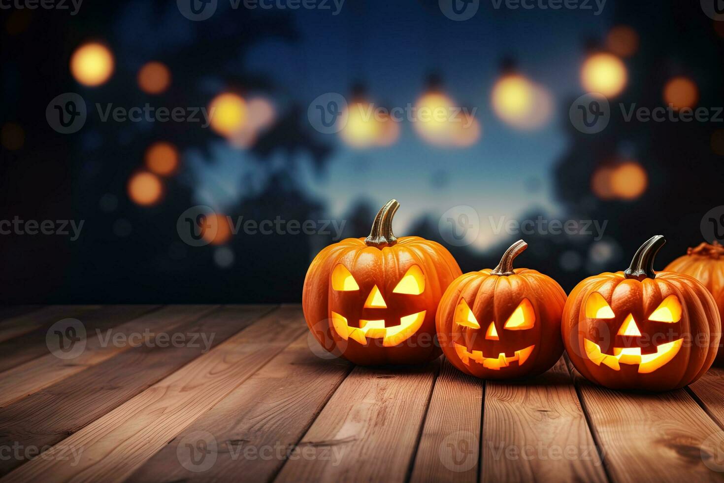 Halloween pumpkins on wooden table with bokeh lights background AI Generated photo