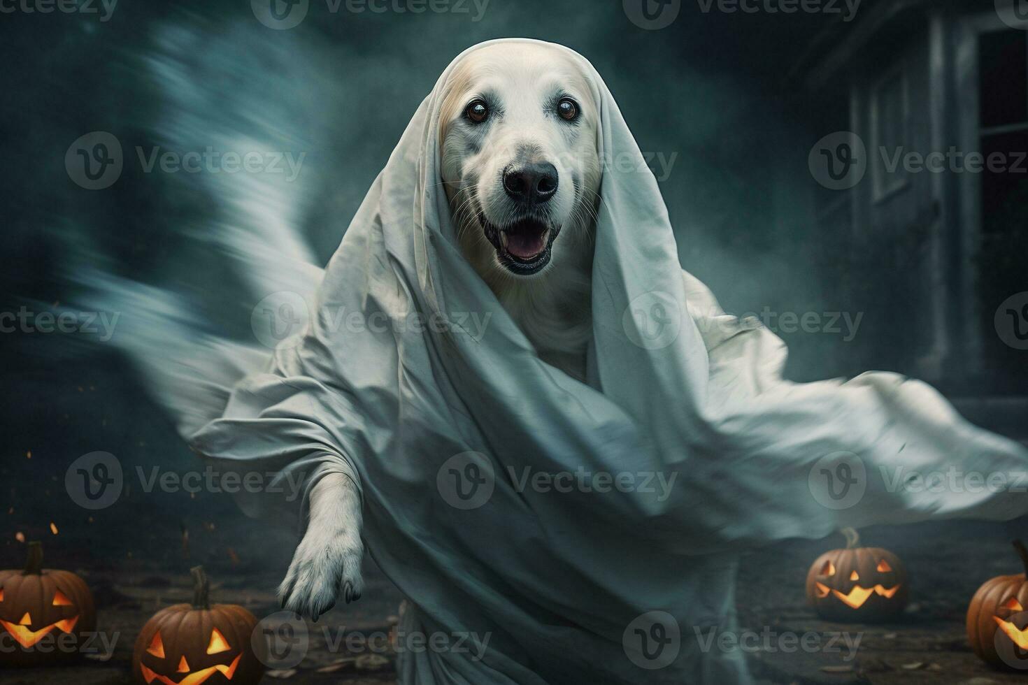 Halloween theme. dog in ghost costume with pumpkins on dark background AI Generated photo