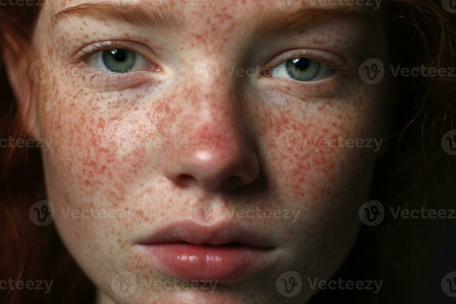 un cerca arriba de un mujer con pecas, rosácea cuperosis enrojecimiento piel ai generado foto