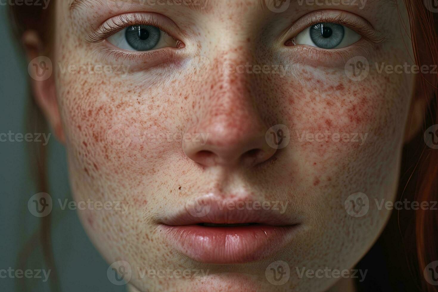 a close up of a woman with freckles,rosacea couperose redness skin AI generated photo