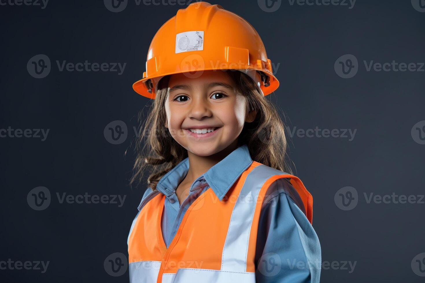 Portrait of a smiling little girl in a construction helmet photo
