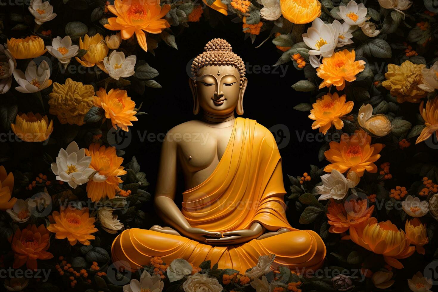 a golden buddha statue surrounded by flowers AI Generated photo