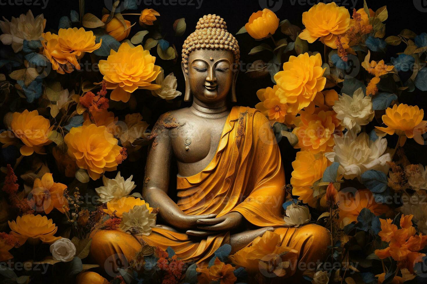 a golden buddha statue surrounded by flowers AI Generated photo