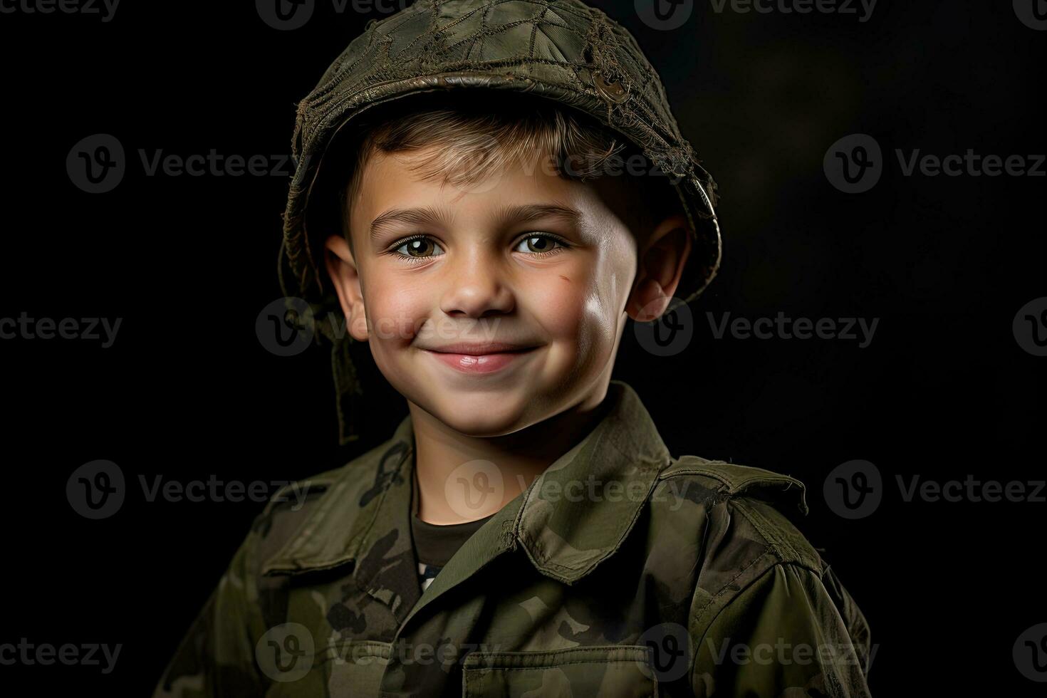 retrato de un linda pequeño chico en militar uniforme en oscuro antecedentes ai generado foto