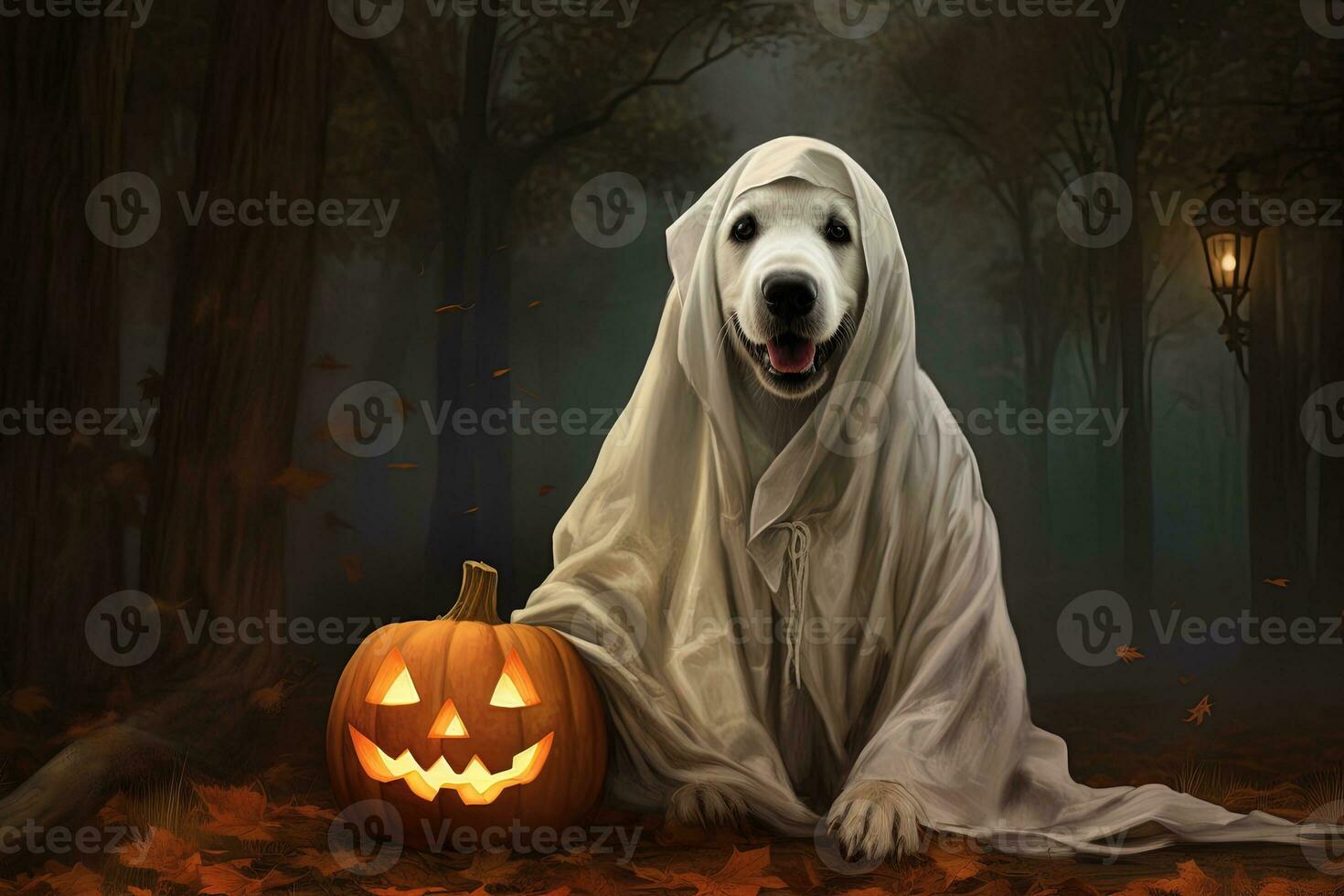 Halloween theme. dog in ghost costume with pumpkins on dark background AI Generated photo