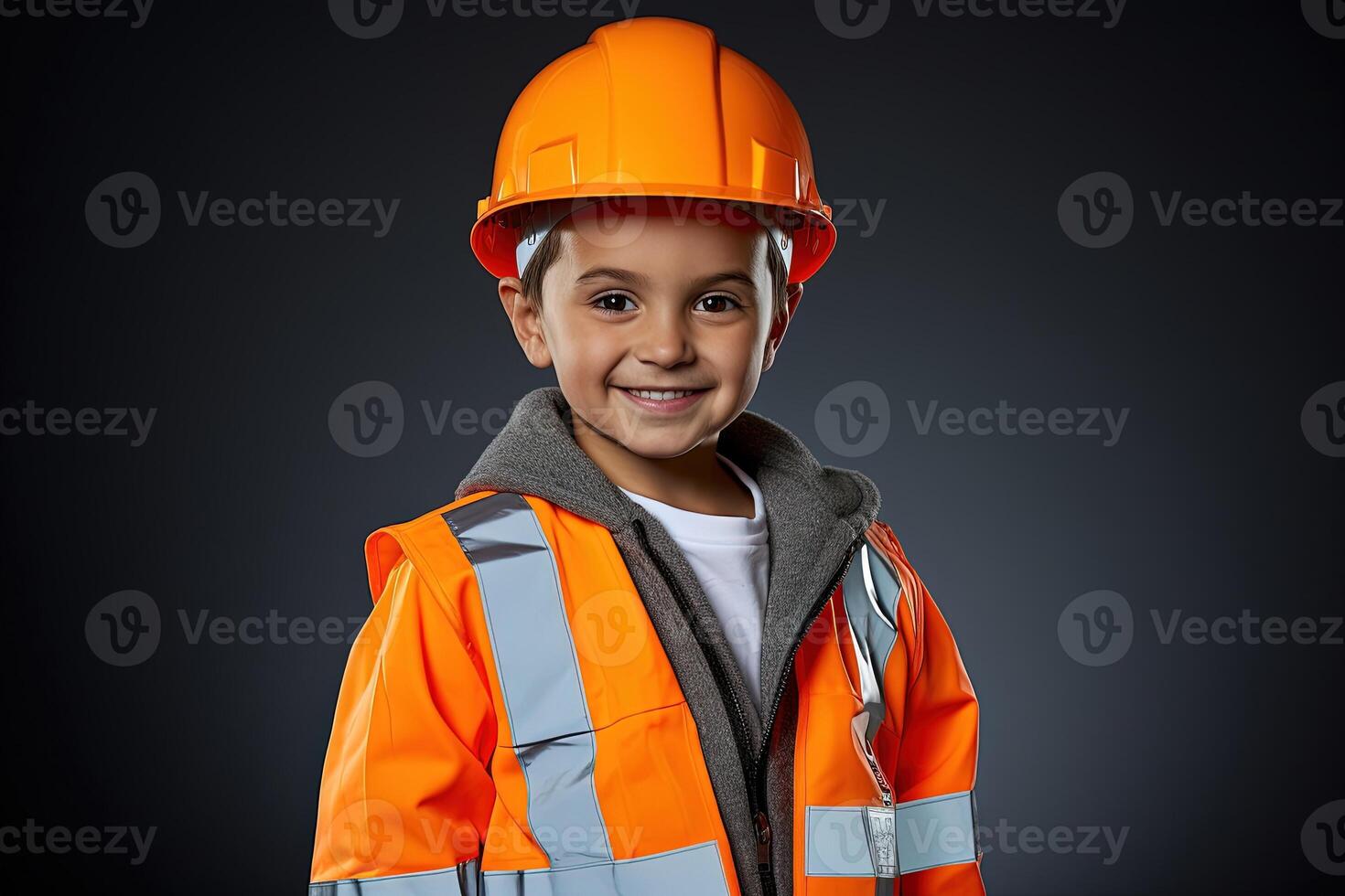 Portrait of a cute little boy in a construction helmet AI Generated photo