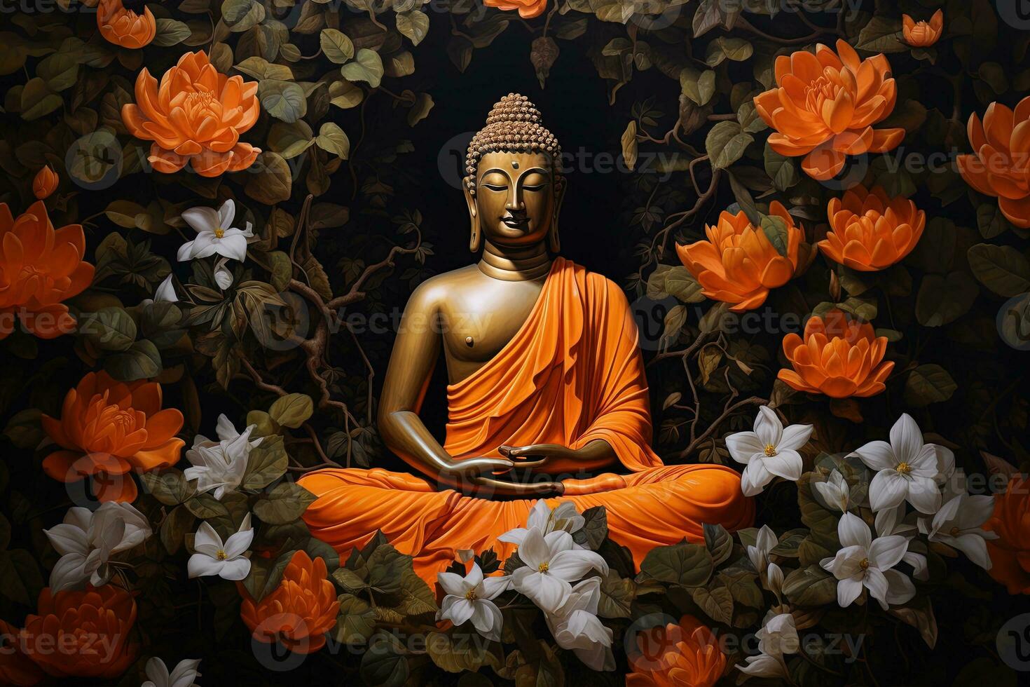 Buddha statue surrounded by orange flowers on a black background AI Generated photo