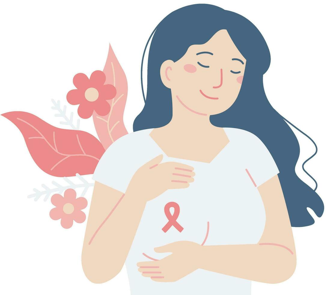 Woman with an breast cancer awareness ribbon vector