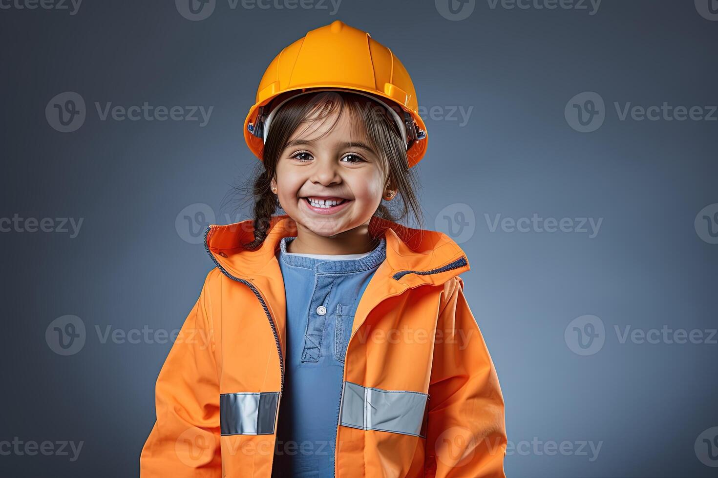 Portrait of a smiling little girl in a construction helmet photo