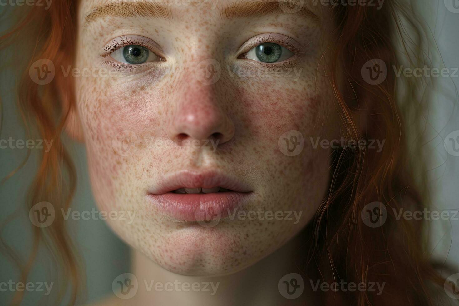 a close up of a woman with freckles,rosacea couperose redness skin AI generated photo