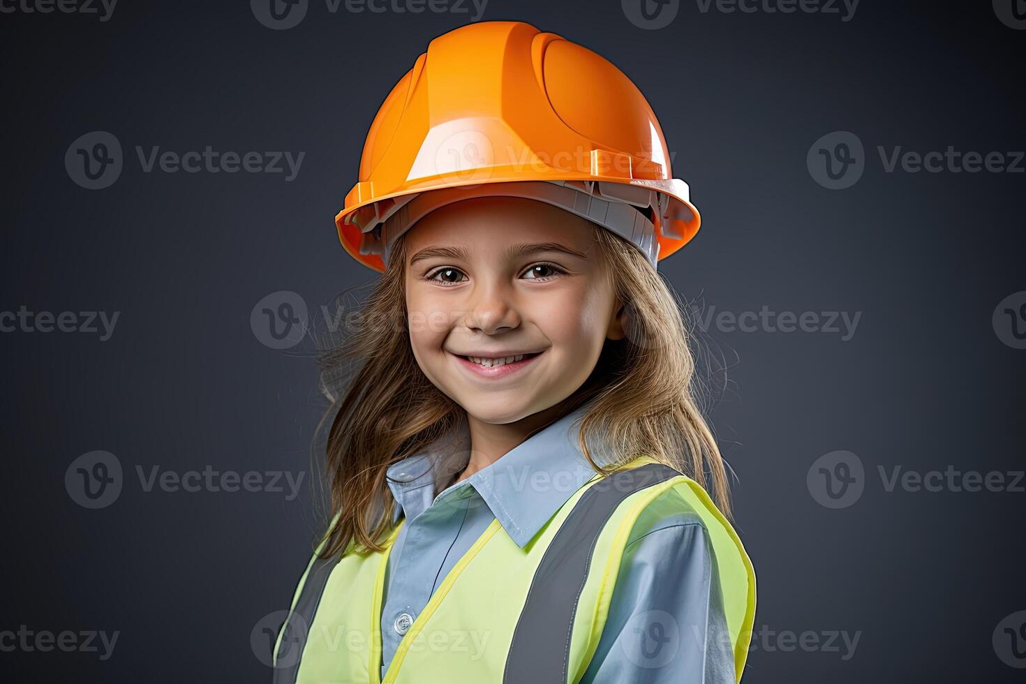 Portrait of a smiling little girl in a construction helmet photo