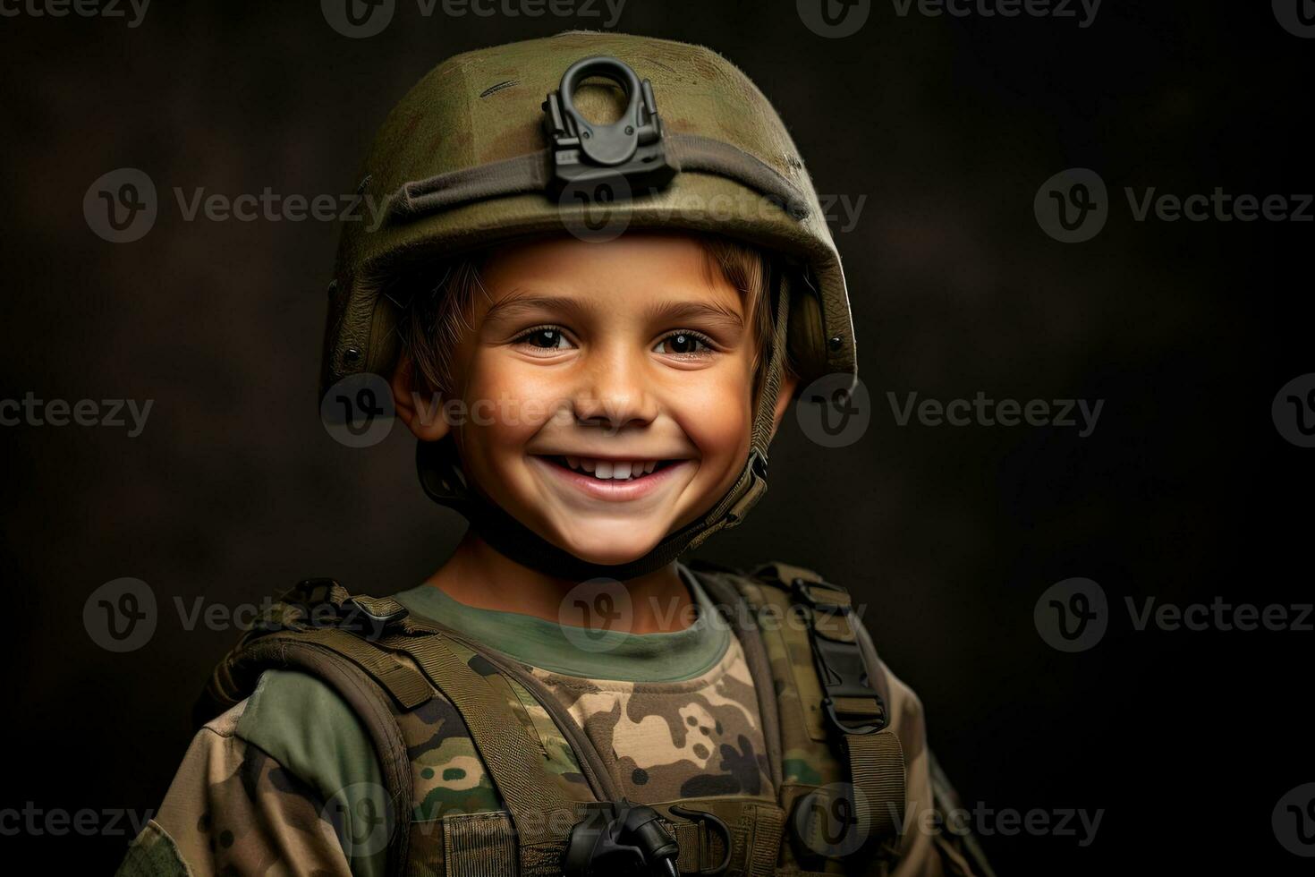 Portrait of a cute little boy in military uniform on dark background AI Generated photo