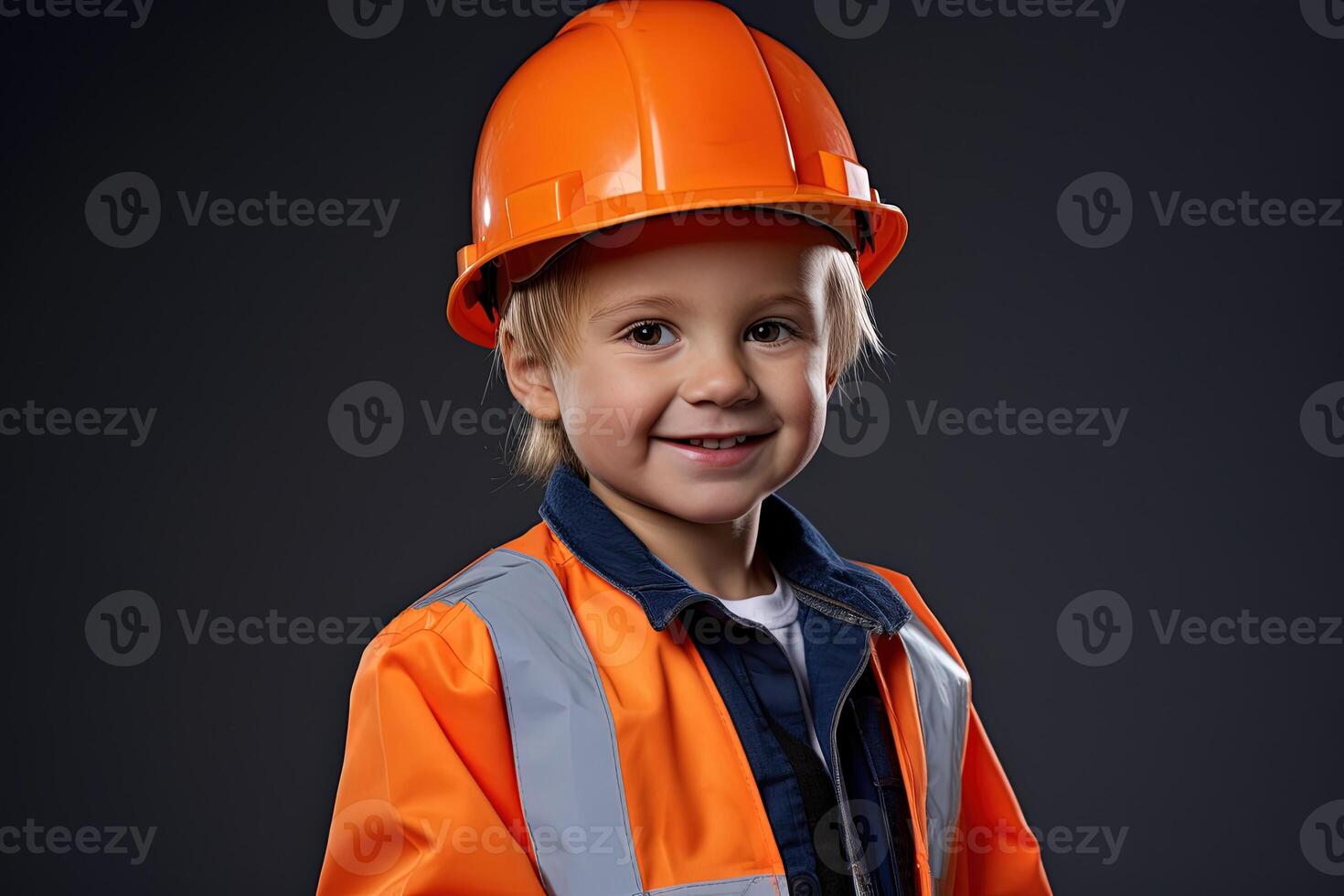 retrato de un linda pequeño chico en un construcción casco ai generado foto