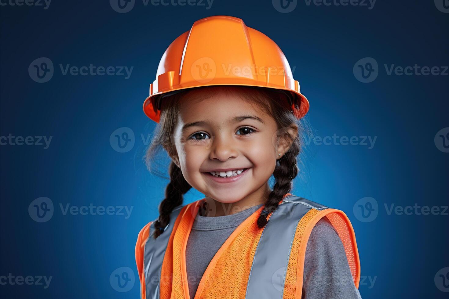 Portrait of a smiling little girl in a construction helmet photo